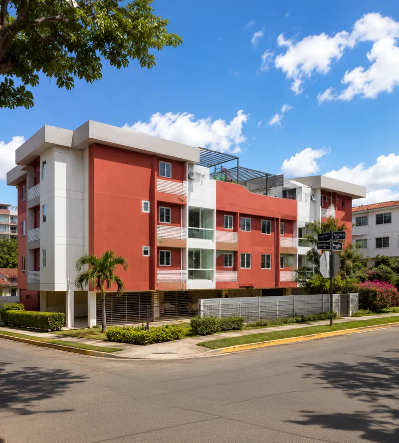 Vista aérea de las torres de Acacias Garden III con su terraza de juegos en la azotea, Villas de las Acacias, Juan Díaz