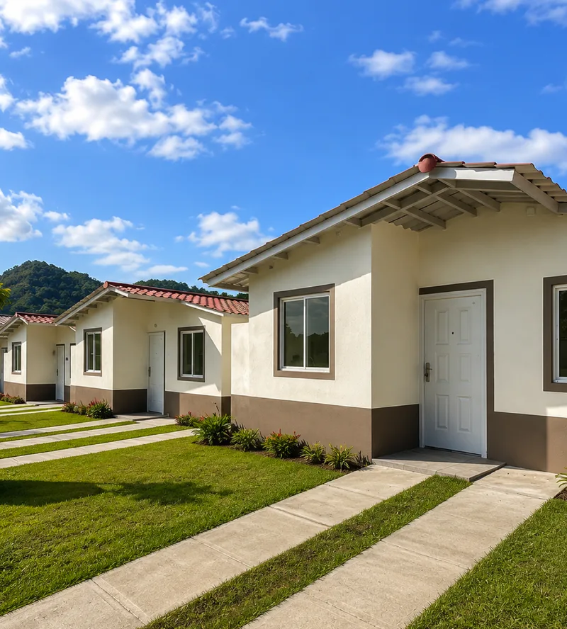 Casas unifamiliares terminadas de Alamedas de Villa Grecia, con fachadas blancas y techos rojos en Las Cumbres
