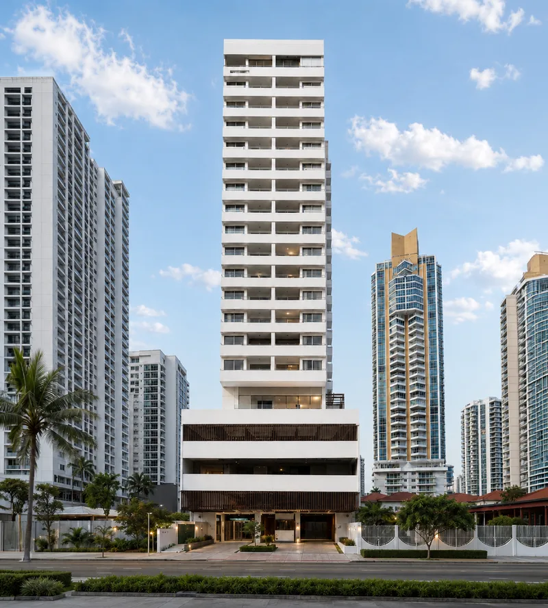 Sala del apartamento modelo de Sky 66 con balcón y vista a los edificios de San Francisco