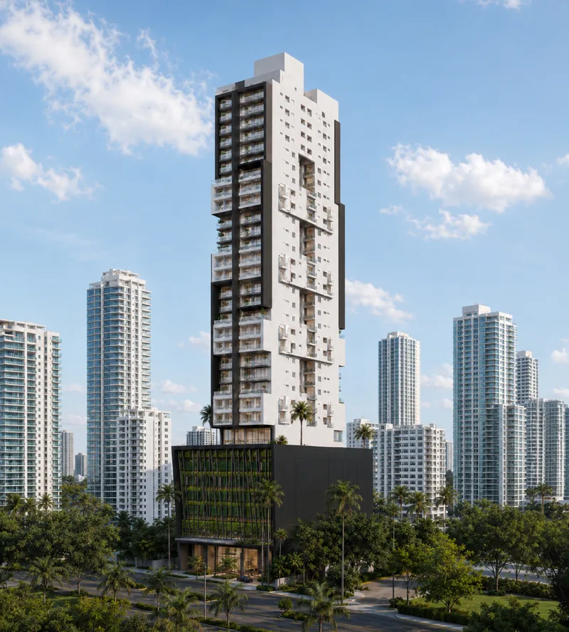 Render del proyecto Sky Parc, torre de apartamentos en Costa del Este, Ciudad de Panamá