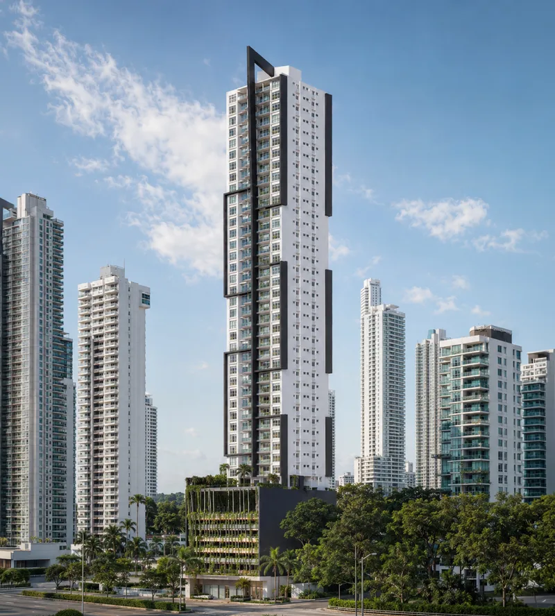 Render de la torre Sky Parc II entre las áreas verdes y el skyline de Ciudad de Panamá