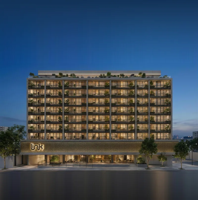 Render referencial del edificio completo de The Link Urban Living al atardecer, Calle Elvira Méndez, Ciudad de Panamá