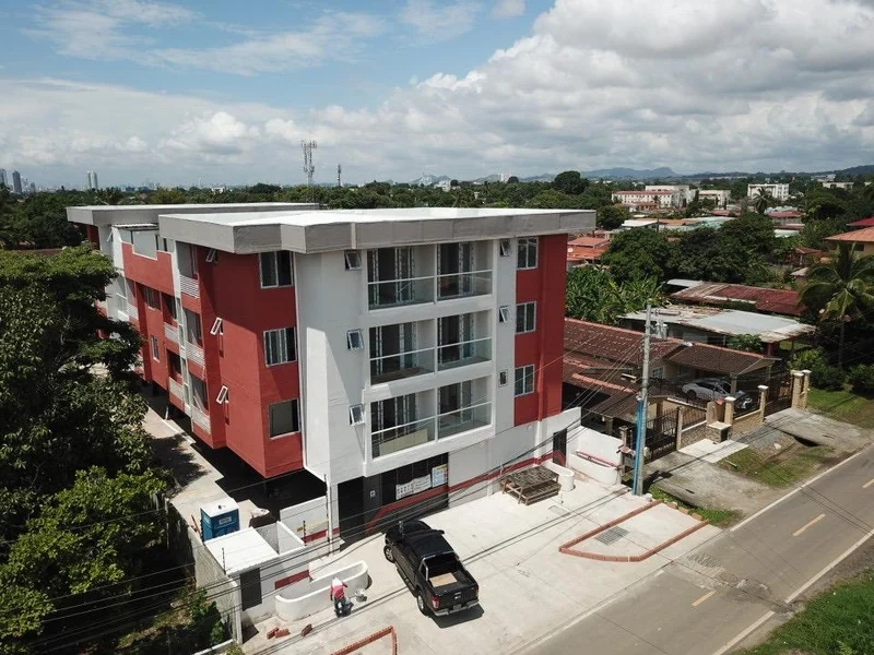 Facade del edificio ya terminado, vista aérea