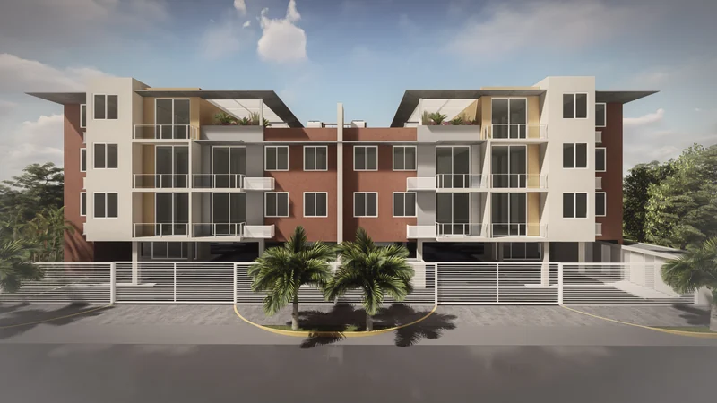 Front facade of both buildings from the street (render)