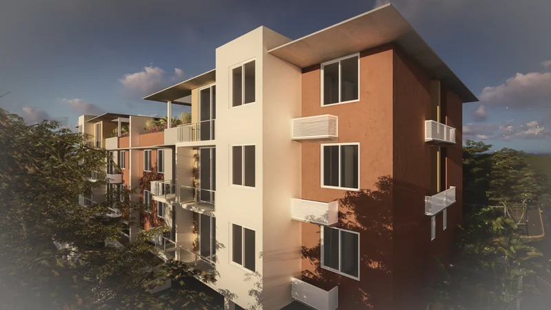 Balcones y volumen del edificio al atardecer (render)