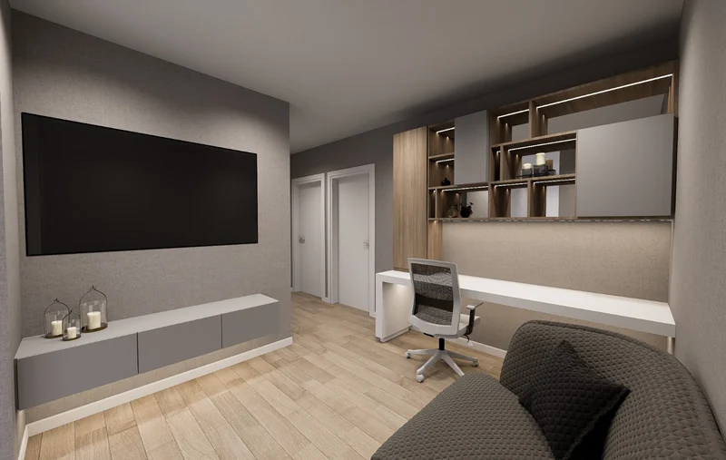 Den con escritorio y pared de TV