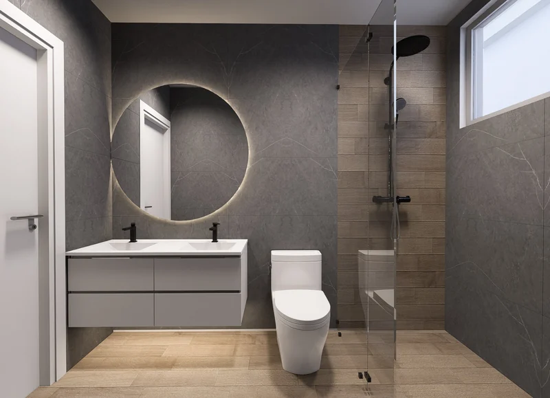 Primary bathroom con doble lavamanos y ducha independiente