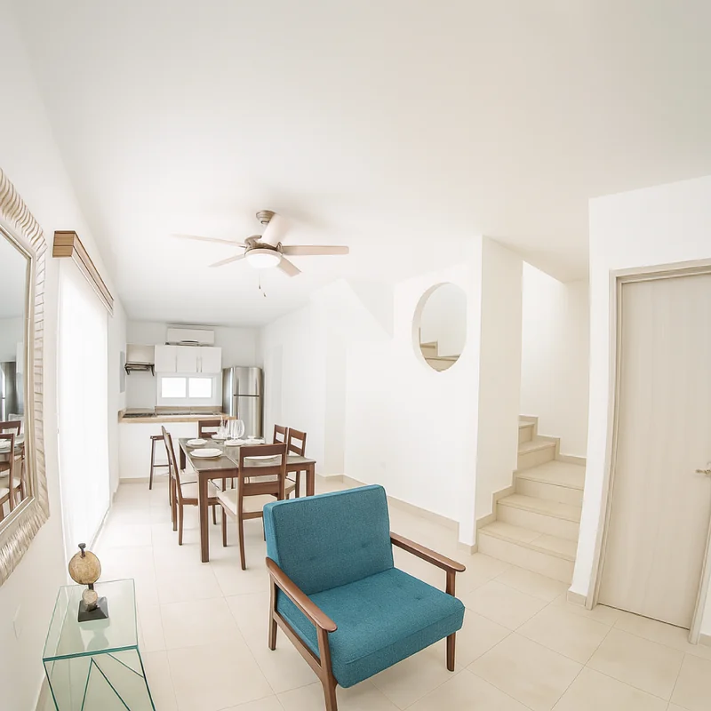 Living and dining room with the stairs to the second floor