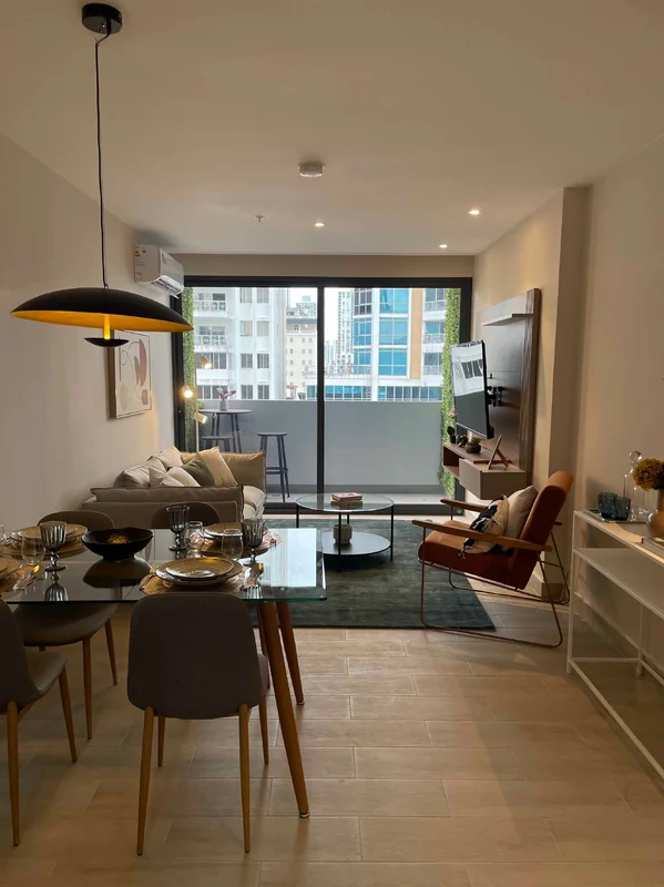 Living and dining room opening onto the balcony