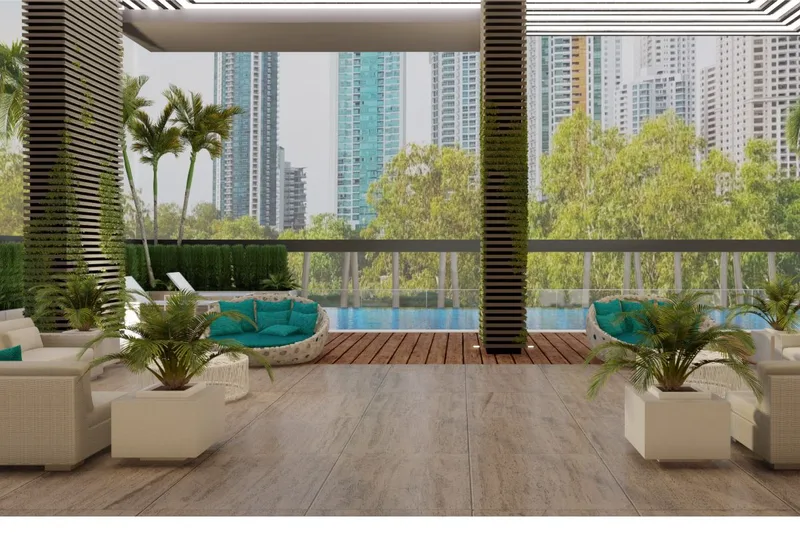 Covered terrace con vista a la piscina y a la ciudad