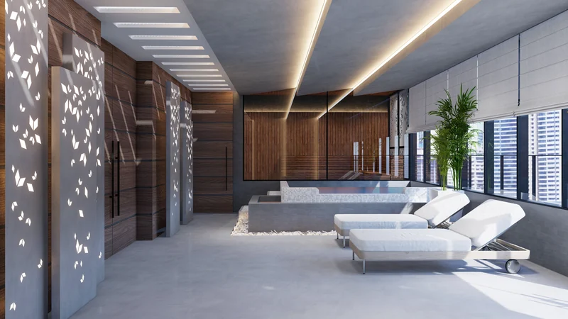 Spa relaxation area con sauna y jacuzzi
