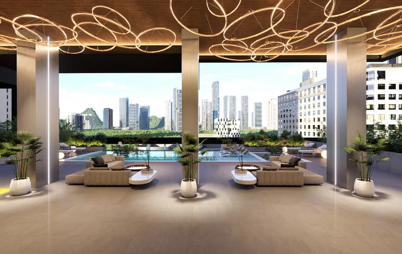 Salón techado frente a la piscina