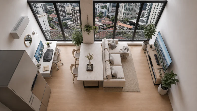 Living and dining room con ventanales de doble altura