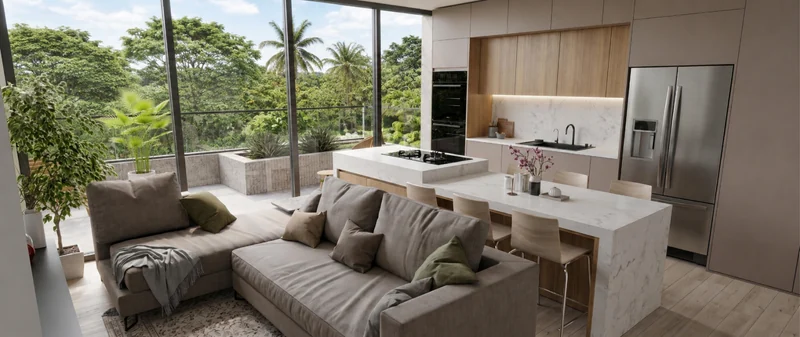 Living room and kitchen facing the greenery