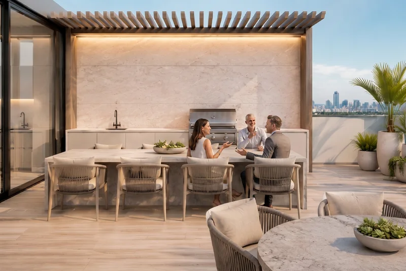 Terraza social con parrilla y vista al skyline de la ciudad