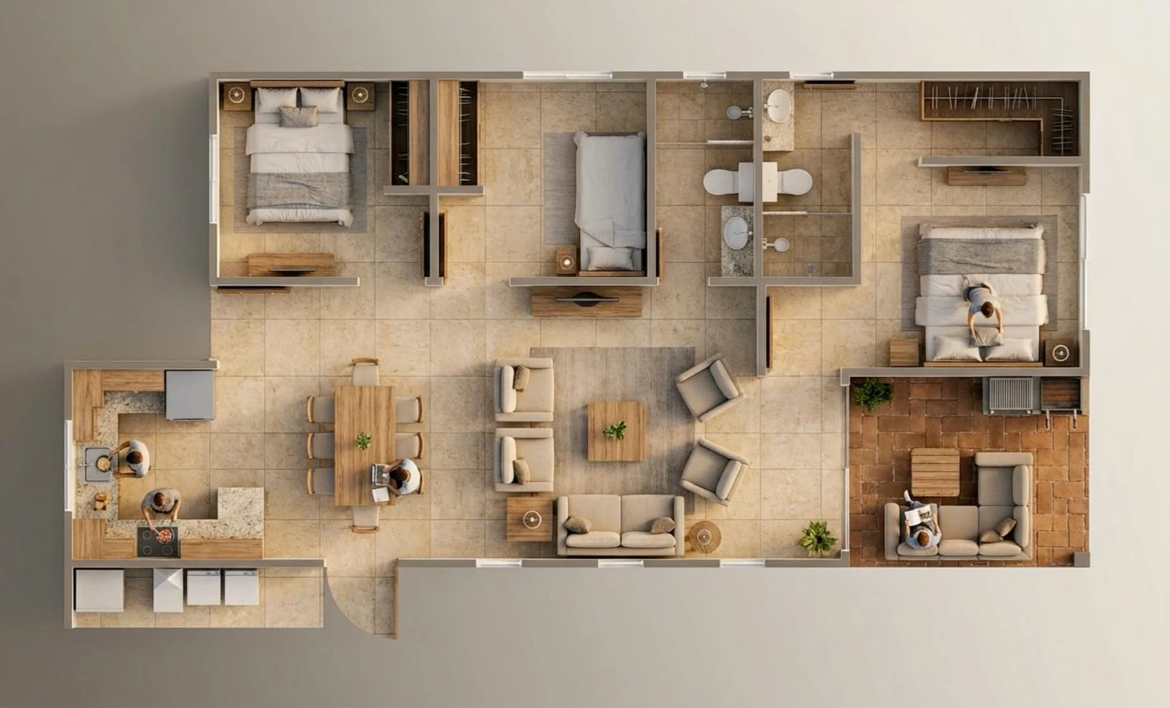 Plano del modelo de la Fase 2 — 3 habitaciones, 2 baños, sala, comedor, cocina y barbacoa