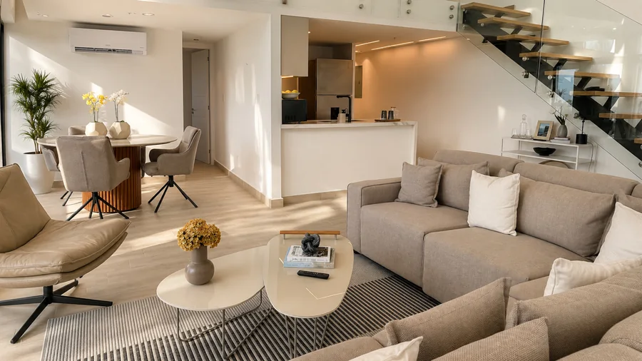 Living and dining room del loft con escalera al mezanine
