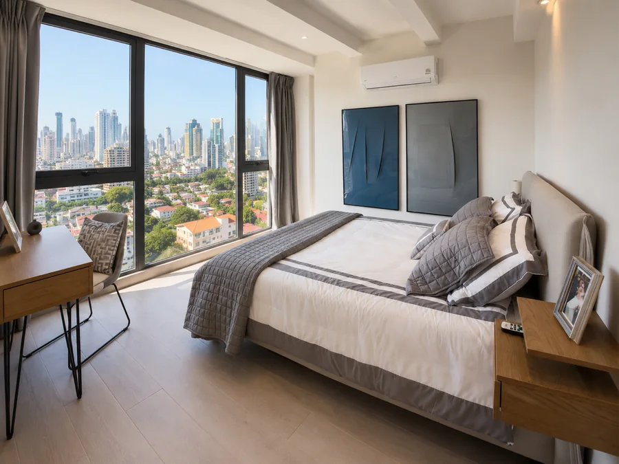 Bedroom del loft con vista a la ciudad