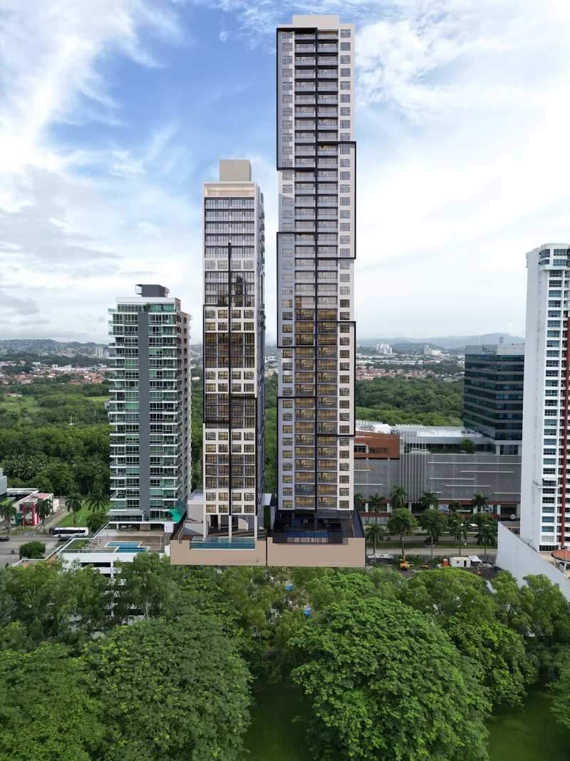 The towers seen from the park