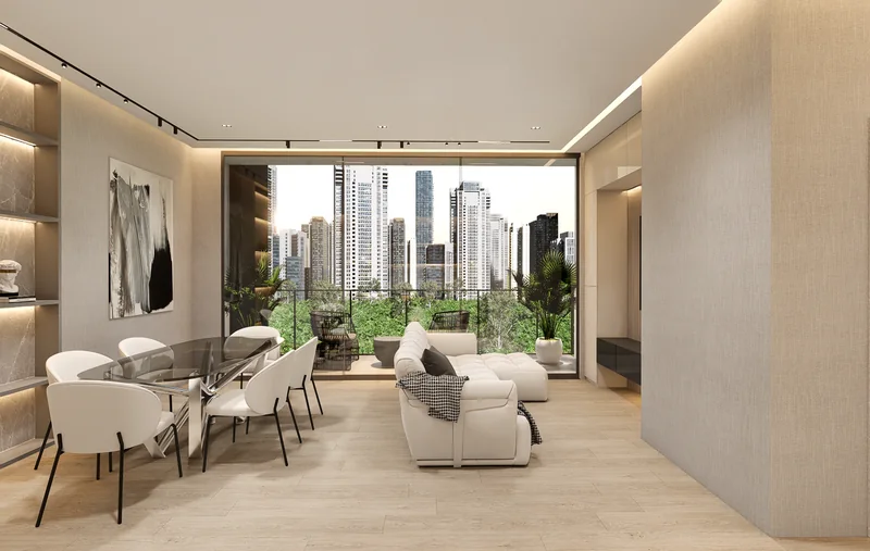 Living and dining room opening onto the balcony y vista a la ciudad