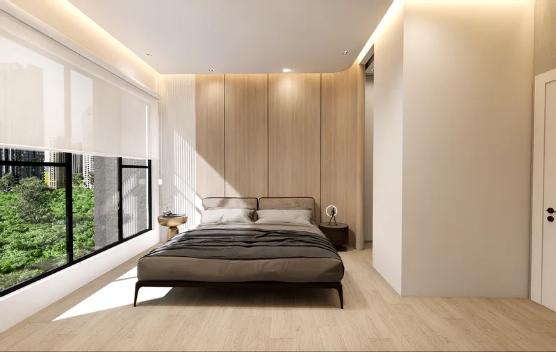 Bedroom con ventanal y vista al parque
