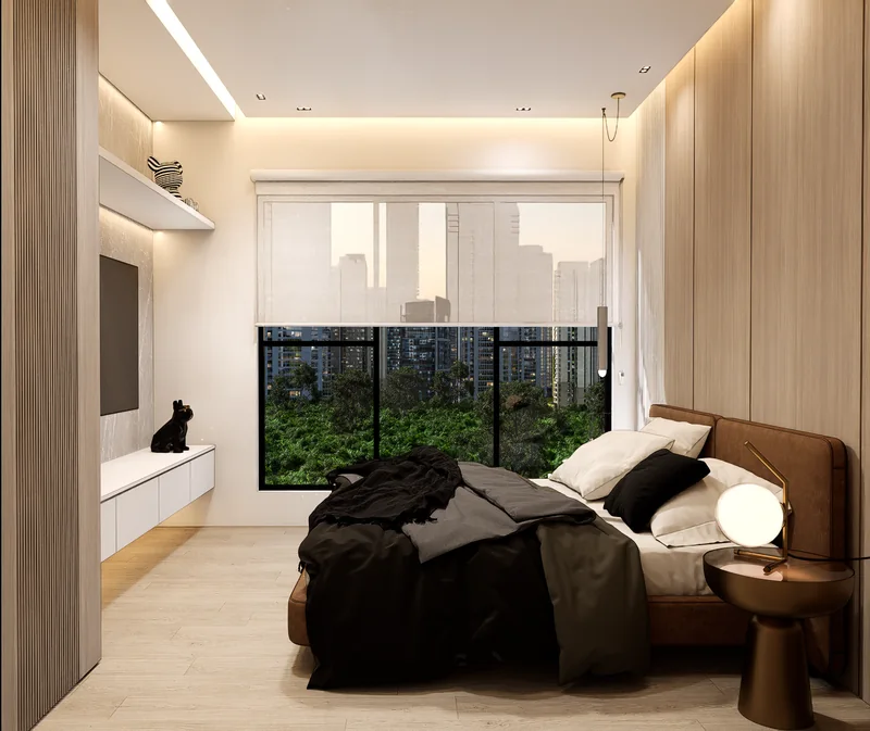 Bedroom con ventanal a la ciudad, al atardecer
