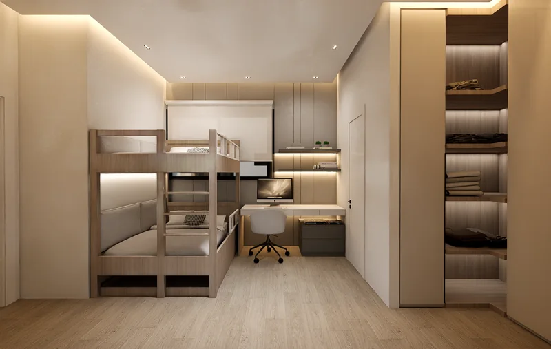 Children's bedroom con literas, escritorio y clóset