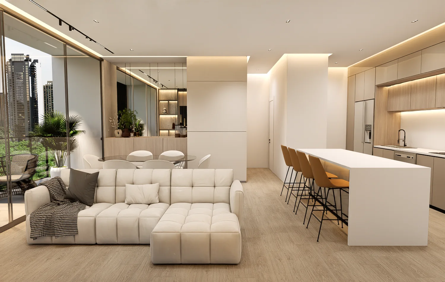 Sala, comedor y cocina integrados