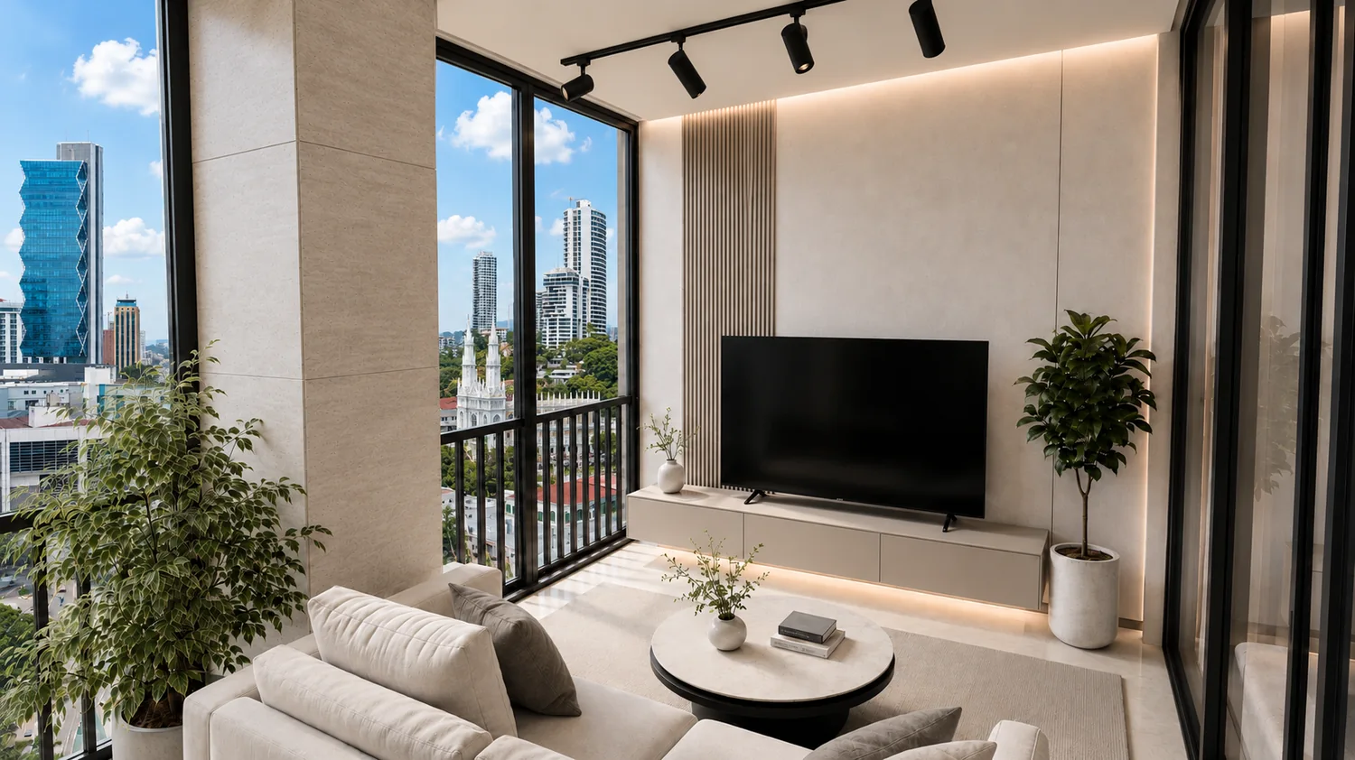 Sala amoblada con vista a la ciudad