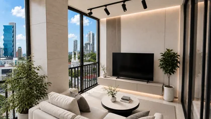 Living room con salida al balcón y vista a la ciudad