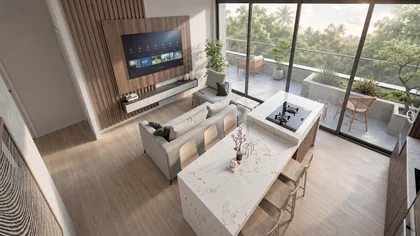 Living room y cocina abiertas al balcón